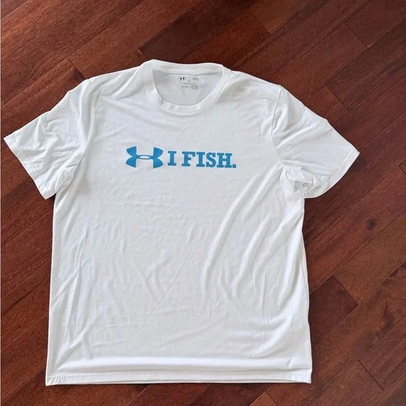 Under Armour White Short Sleeve Tee with Blue Logo - "I FISH" - Picture 1 of 5